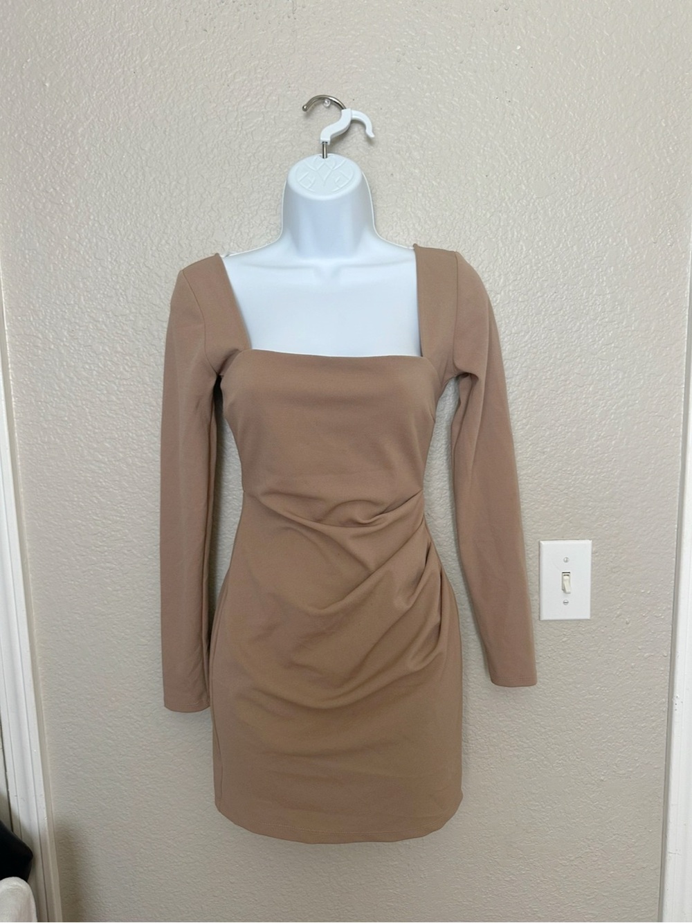 Windsor Taupe Long Sleeve Square Neck Ruched Mini Dress